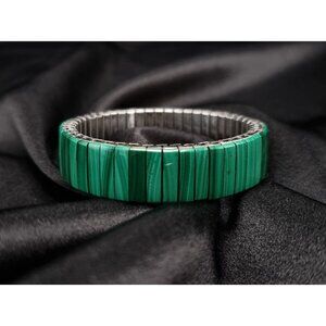 Vintage Malachite Stretch Bracelet With Silver-Tone Base